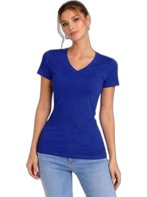 YM PAZARLAMA Kadın T-Shirt V Yaka Slim Fit Likralı Tişört Yazlık Basic Body - Indigo