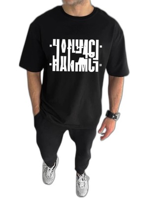 YM PAZARLAMA Erkek Tişört Kısa Kol Bisiklet Yaka Katlanan Hanımcı Baskılı T-Shirt - Siyah