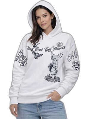 YM PAZARLAMA Kadın 3 Iplik Pamuklu Kapüşonlu Baskılı Sweatshirt Hoodie - Beyaz