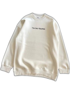 YM PAZARLAMA Kadın 3 Iplik Pamuklu Bisiklet Yaka Baskılı Sweatshirt - Beyaz
