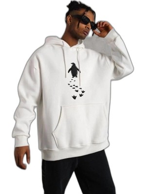 YM PAZARLAMA Erkek Nihilist Penguen Baskılı 3 Iplik Pamuklu Kapüşonlu Sweatshirt Hoodie Beyaz