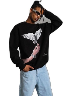 YM PAZARLAMA Erkek Güvercin Baskılı 3 Iplik Bisiklet Yaka Ipamuklu Sweatshirt - Siyah