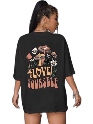 YM PAZARLAMA Kadın Baskılı Oversize Kısa Kol T-Shirt - Siyah
