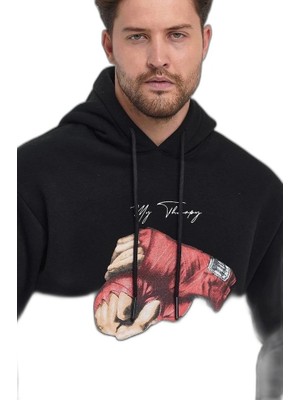 YM PAZARLAMA Erkek 3 Iplik Pamuklu Kapüşonlu Cepli Boxy Eldiven Baskılı Hoodie Sweatshirt - Siyah