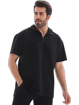 YM PAZARLAMA Erkek Yarım Fermuarlı Düz Oversize T-Shirt - Siyah