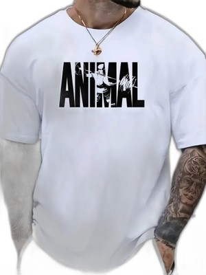 YM PAZARLAMA Erkek Anımal Baskılı Tişört Bisiklet Yakayazlık T-Shirt - Beyaz