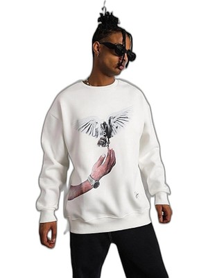 YM PAZARLAMA Erkek Güvercin Baskılı 3 Iplik Pamuklu Bisiklet Yaka Sweatshirt - Beyaz