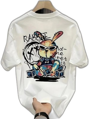 YM PAZARLAMA Erkek T-Shirt Tavşan Baskılı Kısa Kollu Tişört - Beyaz