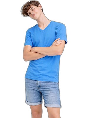 YM PAZARLAMA Genç Erkek Çocuk V Yaka Tişört Model - Açık Mavi