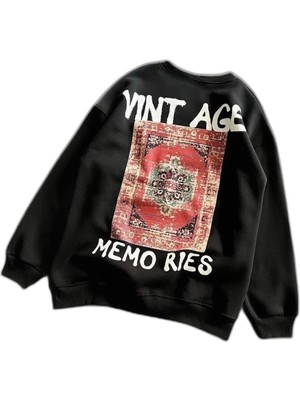 YM PAZARLAMA Kadın Bisiklet Yaka 3 Iplik Pamuklu Baskılı Oversize Sweatshirt - Siyah