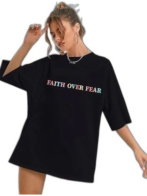 YM PAZARLAMA Kadın Baskılı T-Shirt Kısa Kol Bisiklet Yaka Oversize Rahat Kalıp Tişört - Siyah