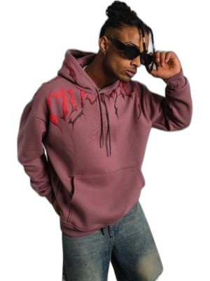 YM PAZARLAMA Erkek 3 Iplik Pamuklu Baskılı Kapüşonlu Cepli Sweatshirt Hoodie - Gül Kurusu