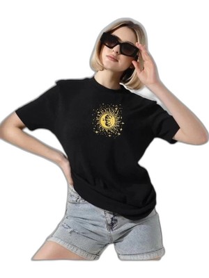 YM PAZARLAMA Kadın Bisiklet Yaka Baskılı  Kısa Kol T-Shirt - Siyah