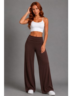 Sortie Collection Katlamalı Bel Geniş Paça Dökümlü Pantolon Kahverengi