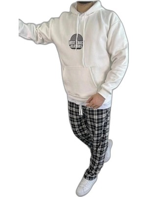 YM PAZARLAMA Erkek 3 Iplik Pamuklu Kapüşonlu Baskılı Cepli Oversize Sweatshirt Hoodie - Beyaz