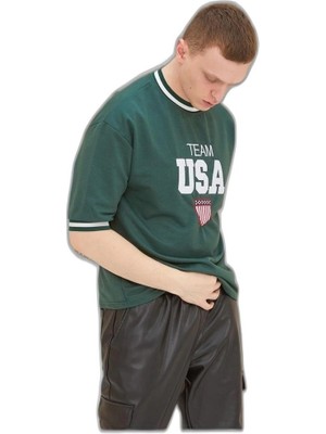 YM PAZARLAMA Erkek Bisiklet Yaka Tişört Nakış Işlemeli Kısa Kol Oversize T-Shirt - Yeşil