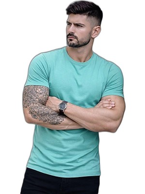 YM PAZARLAMA Erkek Body Tişört Bisiklet Yaka Slim Fit Likralı T-Shirt - Turkuvaz