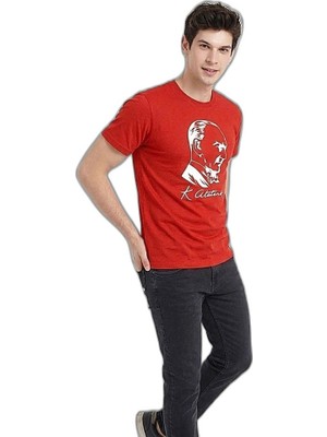 YM PAZARLAMA Erkek Atatürk Baskılı Tişört Kısa Kollu Bisiklet Yaka T-Shirt - Kırmızı