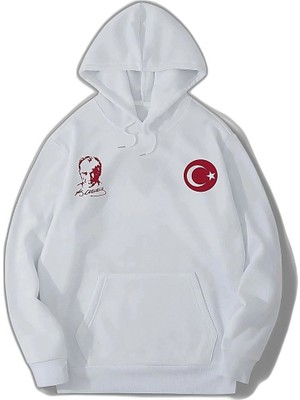 YM PAZARLAMA Erkek 10 Kasıma Özel 3 Iplik Kapüşonlu Baskılı Sweatshirt Hoodie - Beyaz