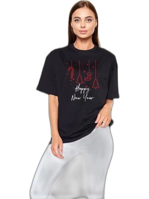 YM PAZARLAMA Kadın Bisiklet Yaka  Kısa Kol Baskılı Oversize T-Shirt - Siyah