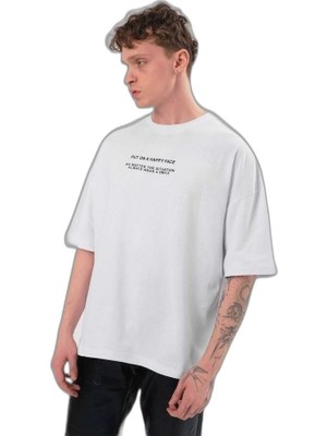 YM PAZARLAMA Erkek Kısa Kol Yazlık Tişört Bisiklet Yaka Baskılı Oversize T-Shirt - Beyaz