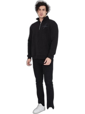 YM PAZARLAMA Erkek Yarım Fermuarlı Baskılı 3 Iplik Pamuklu Sweatshirt - Siyah