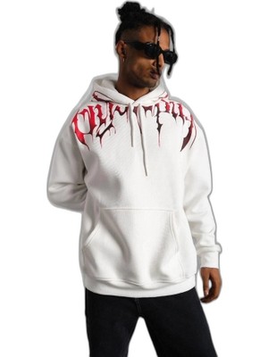 YM PAZARLAMA Erkek 3 Iplik Pamuklu Baskılı Kapüşonlu Cepli Sweatshirt Hoodie - Beyaz