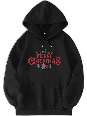 YM PAZARLAMA Yılbaşı Merry Christmas Baskılı Oversize Kapüşonlu Sweatshirt Hoodie - Siyah