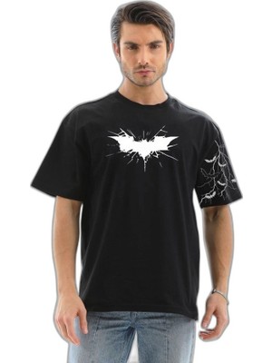 YM PAZARLAMA Erkek Bisiklet Yaka Tişort Ön ve Kol Yarasa Baskılı T-Shirt - Siyah