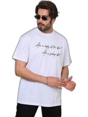 YM PAZARLAMA Erkek Kısa Kol Yazlık Tişört Bisiklet Yaka Baskılı Oversize T-Shirt - Beyaz