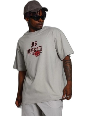 YM PAZARLAMA Erkek Kısa Kol Yazlık Tişört Bisiklet Yaka Baskılı Oversize T-Shirt - Gri