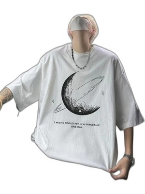 YM PAZARLAMA Erkek Baskılı Tişört Kısa Kol Bisiklet Yaka Oversize T-Shirt - Beyaz