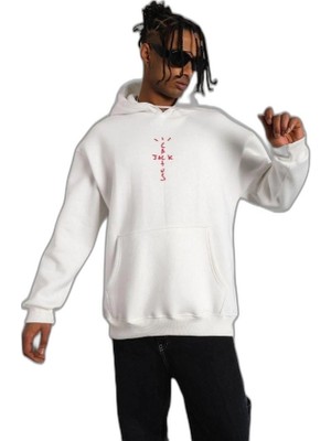YM PAZARLAMA Erkek Kordonlu Arka Maske Kordon Saçlı Kapüşonlu Sweatshirt Hoodie - Beyaz