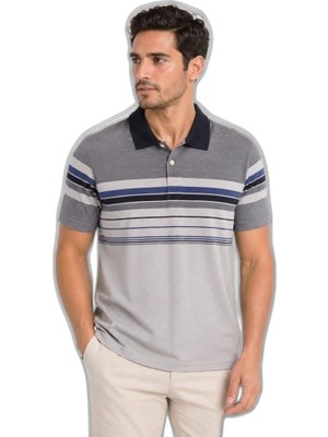 YM PAZARLAMA Erkek Flamlı Penye Çizgili Polo Yaka Tişört Kısa Kol Yazlık T-Shirt - Gri
