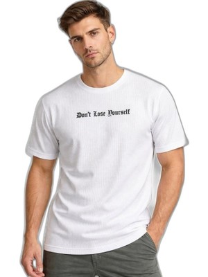 YM PAZARLAMA Erkek Wafıl Kumaş Tişört Regular Kalıp Bisiklet Yaka Baskılı T-Shirt - Beyaz