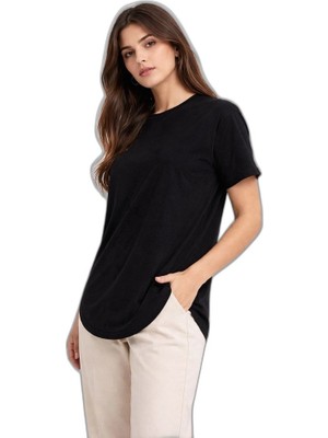 YM PAZARLAMA Kadın Basic T-Shirt Kısa Kol Bisiklet Yaka Oval Kesim Tişört - Siyah