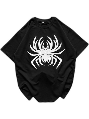 YM PAZARLAMA Erkek Örümcek Baskılı Tişört Kısa Kollu Bisiklet Yaka T-Shirt - Siyah