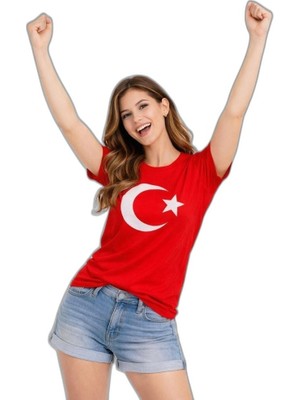 YM PAZARLAMA Kadın T-Shirt Kısa Kol Bisiklet Yaka Ay Yıldız Bayrak Baskılı Tişört - Kırmızı