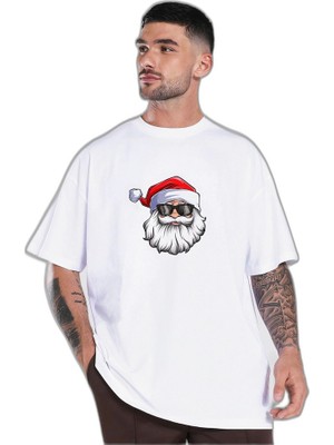 YM PAZARLAMA Yılbaşı Gözlüklü Noel Baba Baskılı Kısa Kollu Oversize Bisiklet Yaka T-Shirt - Beyaz