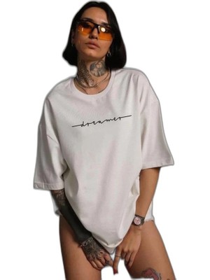 YM PAZARLAMA Kadın Bisiklet Yaka Baskılı  Kısa Kol T-Shirt - Beyaz