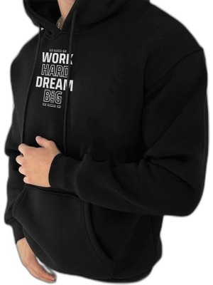 YM PAZARLAMA Erkek Kapüşonlu Kanguru Cepli Sweatshirt 3 Iplik Pamuklu Baskılı Hoodie - Siyah