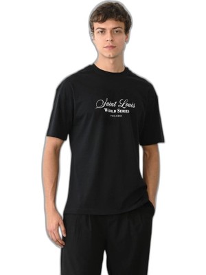 YM PAZARLAMA Erkek Kısa Kol Yazlık Tişört Bisiklet Yaka Baskılı Oversize T-Shirt - Siyah