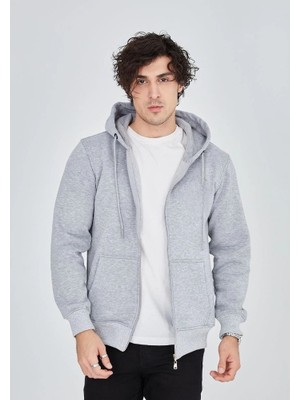 YM PAZARLAMA Erkek 3 Iplik Pamuklu Kapüşonlu Tam Fermuarlı Cepli Hoodie Sweatshirt - Gri