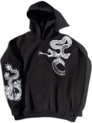 YM PAZARLAMA Kadın Oversize Kapüşonlu Cepli Baskılı 3 Iplik Pamuklu Hoodie Sweatshirt - Siyah