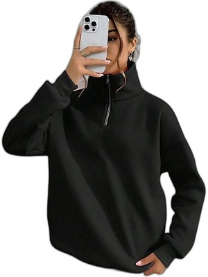YM PAZARLAMA Kadın 3 Iplik Pamuklu Uzun Kol Yarım Farmuarlı Yakalı Sweatshirt - Siyah