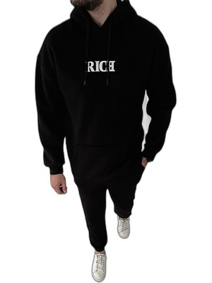 YM PAZARLAMA Erkek Kapüşonlu Kanguru Cepli Sweatshirt 3 Iplik Pamuklu Baskılı Hoodie -  Siyah