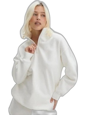 YM PAZARLAMA Kadın 3 Iplik Pamuklu Oversize Yarım Fermuarlı Yakalı Basic Sweatshirt - Beyaz