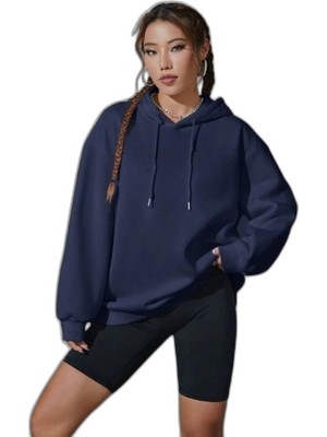 YM PAZARLAMA Kadın Kapüşonlu Kanguru Cepli 3 Iplik Pamuklu Oversize Hoodie Sweatshirt - Lacivert