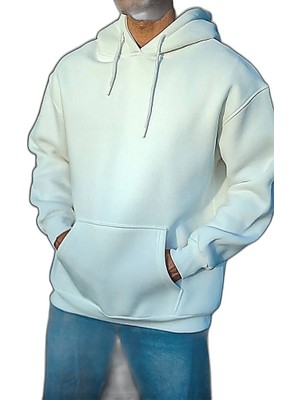 YM PAZARLAMA Erkek 3 Iplik Pamuklu Kapüşonlu Basic Sweatshirt Hoodie - Beyaz