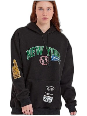 YM PAZARLAMA Kadın Oversize Kapüşonlu Cepli Ön Kol Baskılı 3 Iplik Pamuklu Hoodie Sweatshirt - Siyah